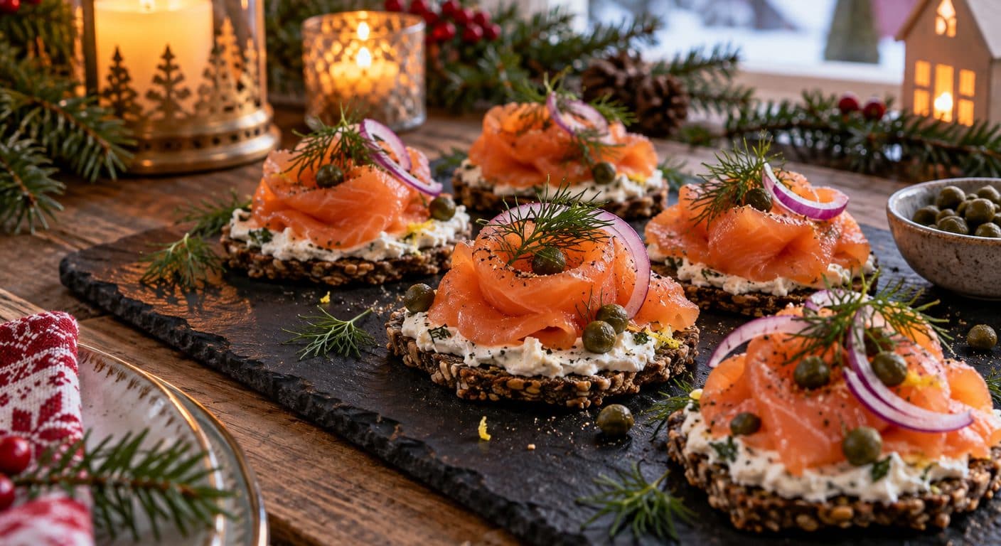 Små knekkebrød og blinis med røkt laks, hvit ferskost, rødløk og dill på et serveringsfat