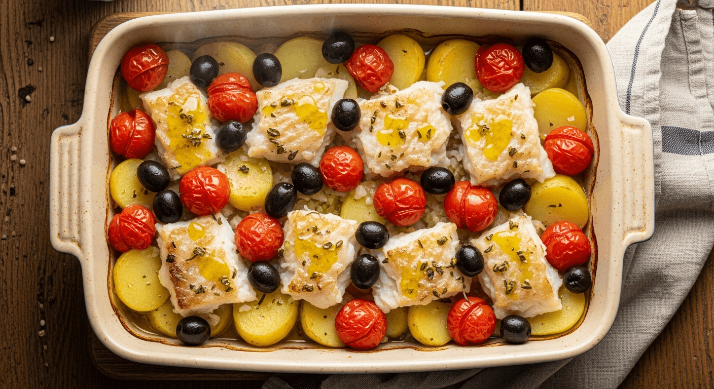 Dampende bacalao i ildfast form med gylne potetskiver, tomatbåter og olivenolje, klar til servering