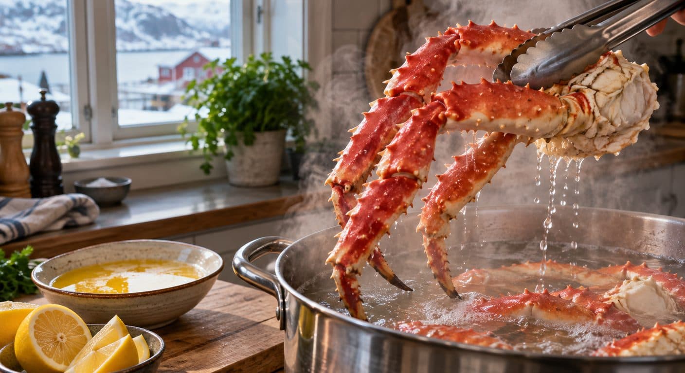 Kongekrabbeklør løftes opp av en stor gryte med dampende saltvann på komfyren