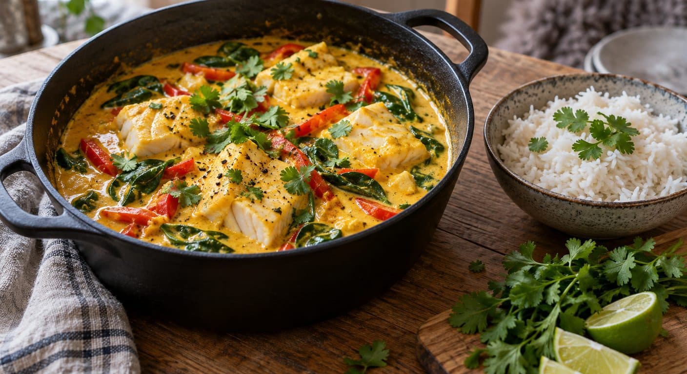 Fiskecurry med hele torskebiter i gul kokossaus med paprika og spinat, servert med ris og limebåter