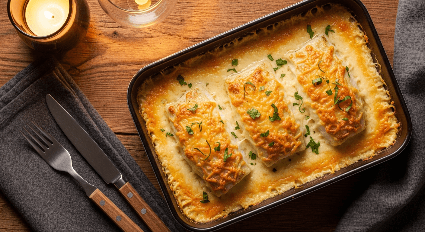 Gyllen bacalao-grateng med smeltet ost i ildfast form rett fra ovnen