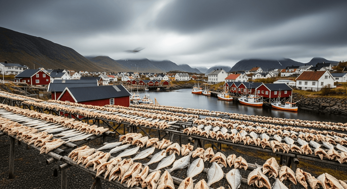 Historisk illustrasjon av klippfisktørking langs norskekysten med trehjeller og sjøboder