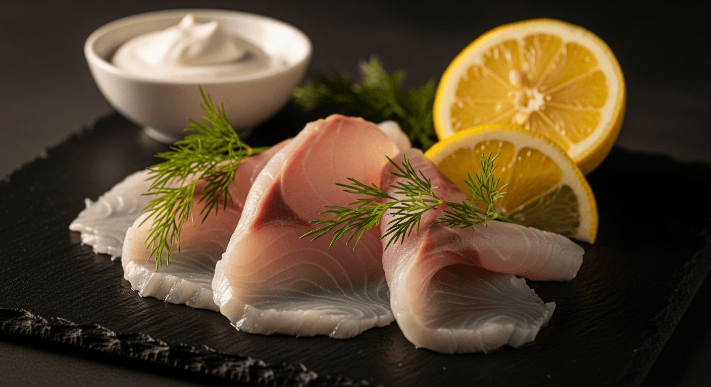 Blåkveite i tynne skiver med dill og sitron på mørk skifer