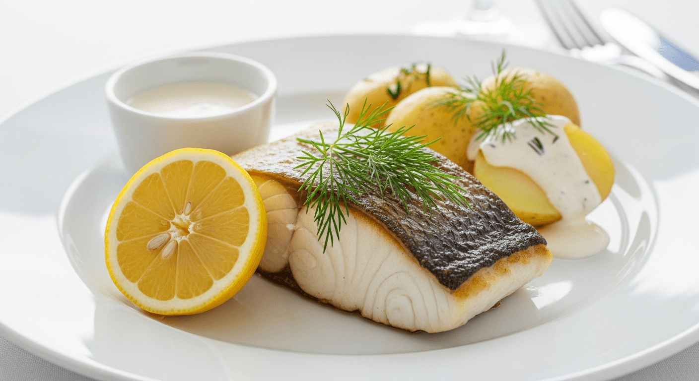 Nystekt brosmefilet med gyllen skorpe servert på hvit tallerken med sitron og urter