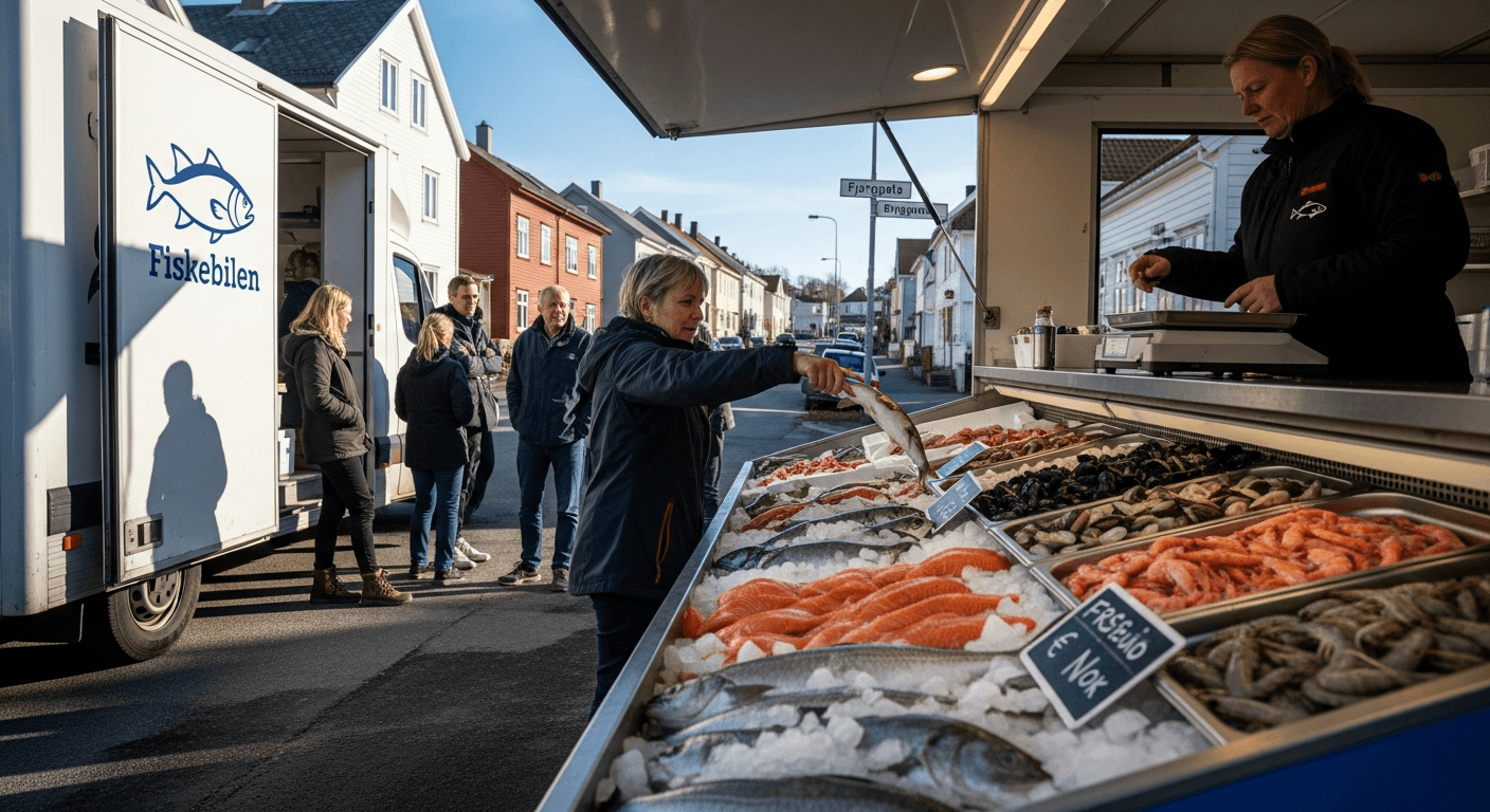Fiskebil parkert i et boligområde med fersk fisk og sjømat utstilt i kjøledisk