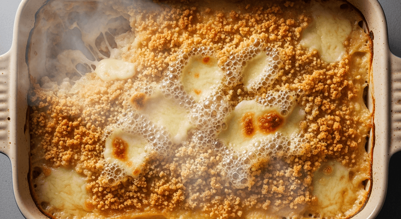 Gyllen fiskegrateng rett fra ovnen med boblende ost og gratinert overflate
