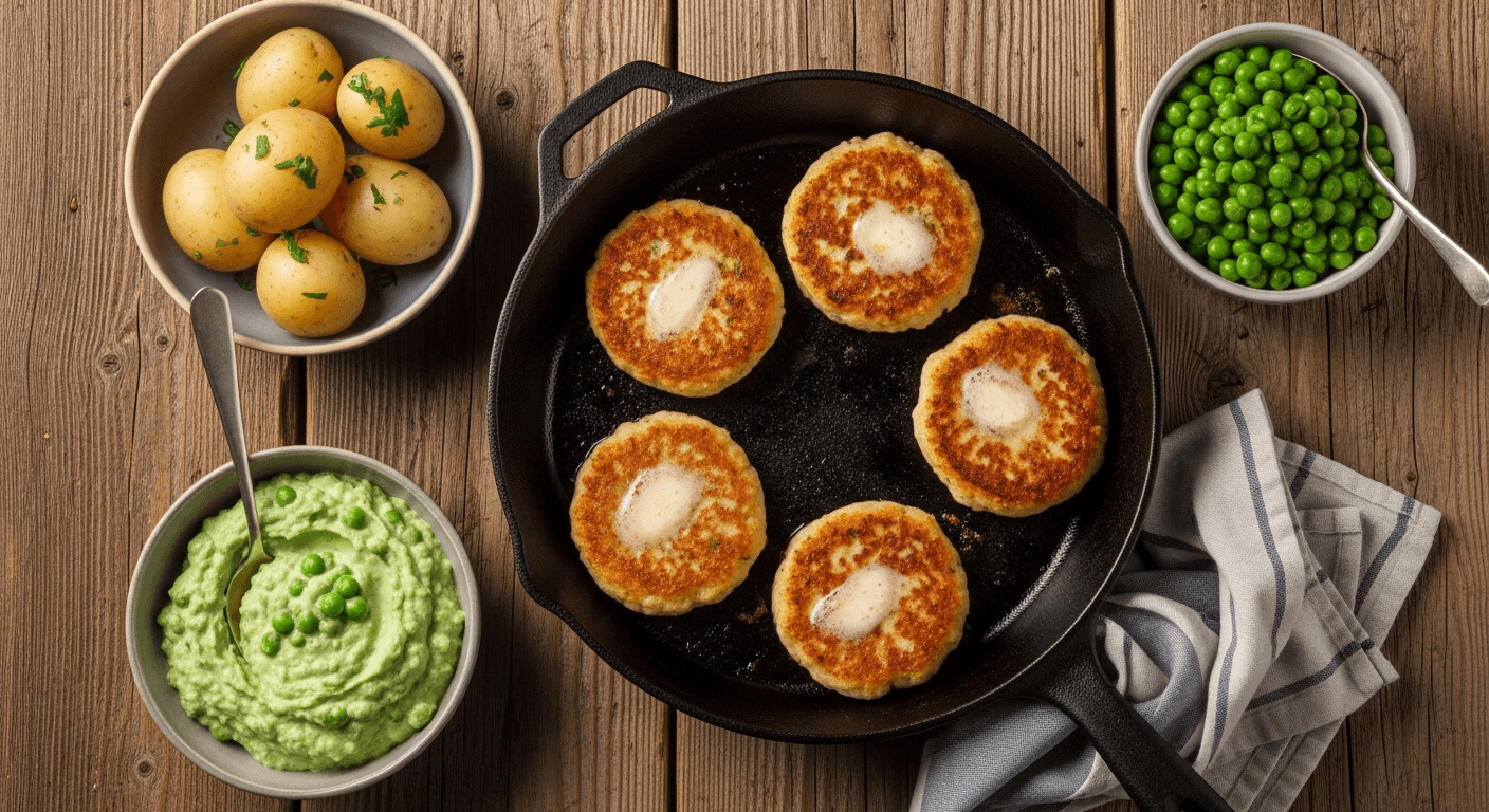 Gylne hjemmelagde fiskekaker i stekepanne med smør