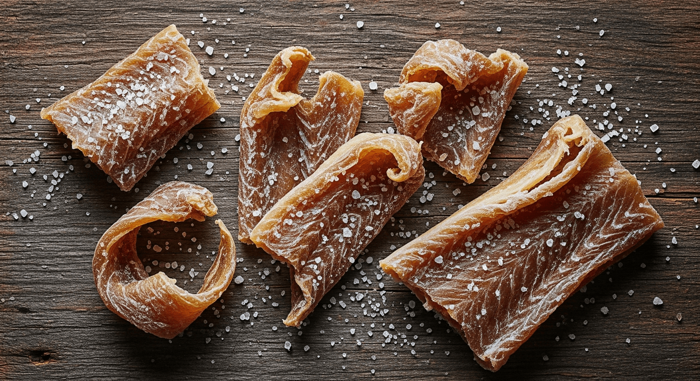 Tørket og saltet klippfisk på treunderlag med grovt havsalt