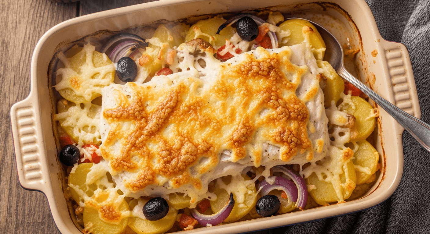 Gratinert klippfisk med poteter og oliven i ildfast form rett fra ovnen