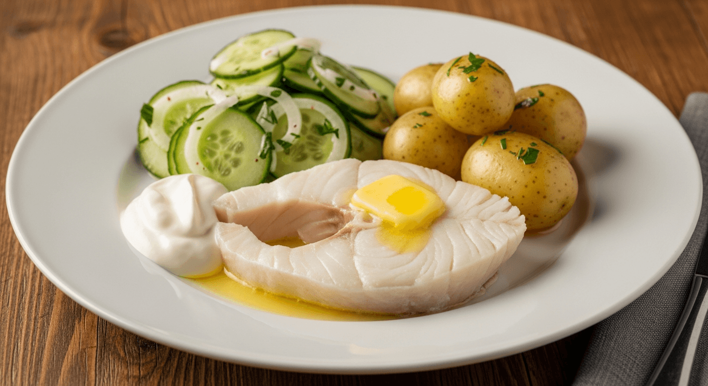 Kokt kveite på fat med kokte poteter, agurksalat og smeltet smør