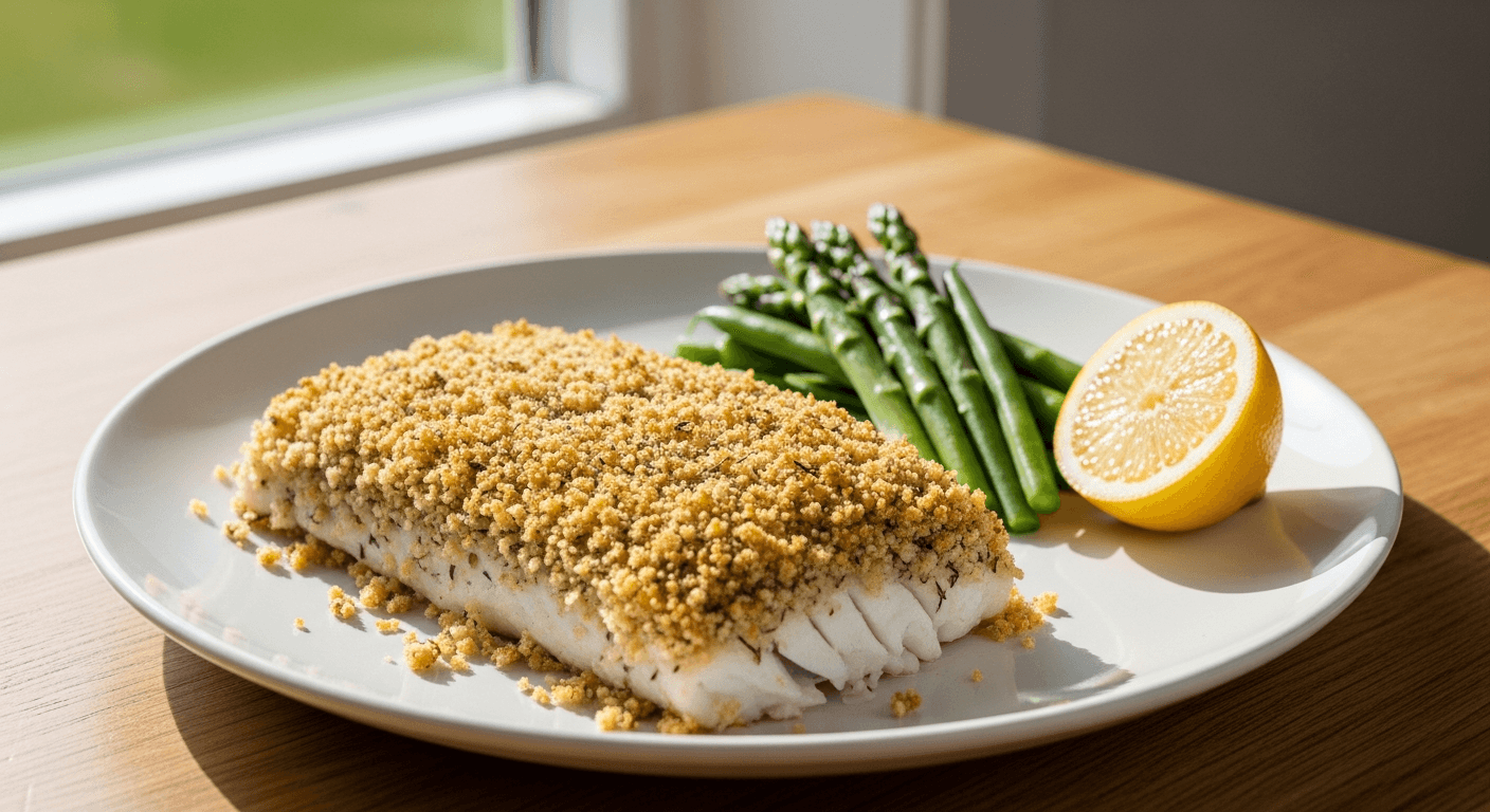 Ovnsbakt kolje med sprøtt brødsmultopp og grønnsaker