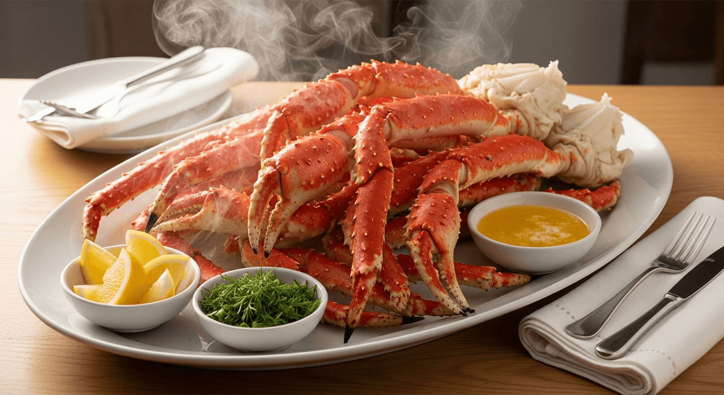 Dampet kongekrabbe med smeltet smør, sitronbåter og urter på hvitt fat