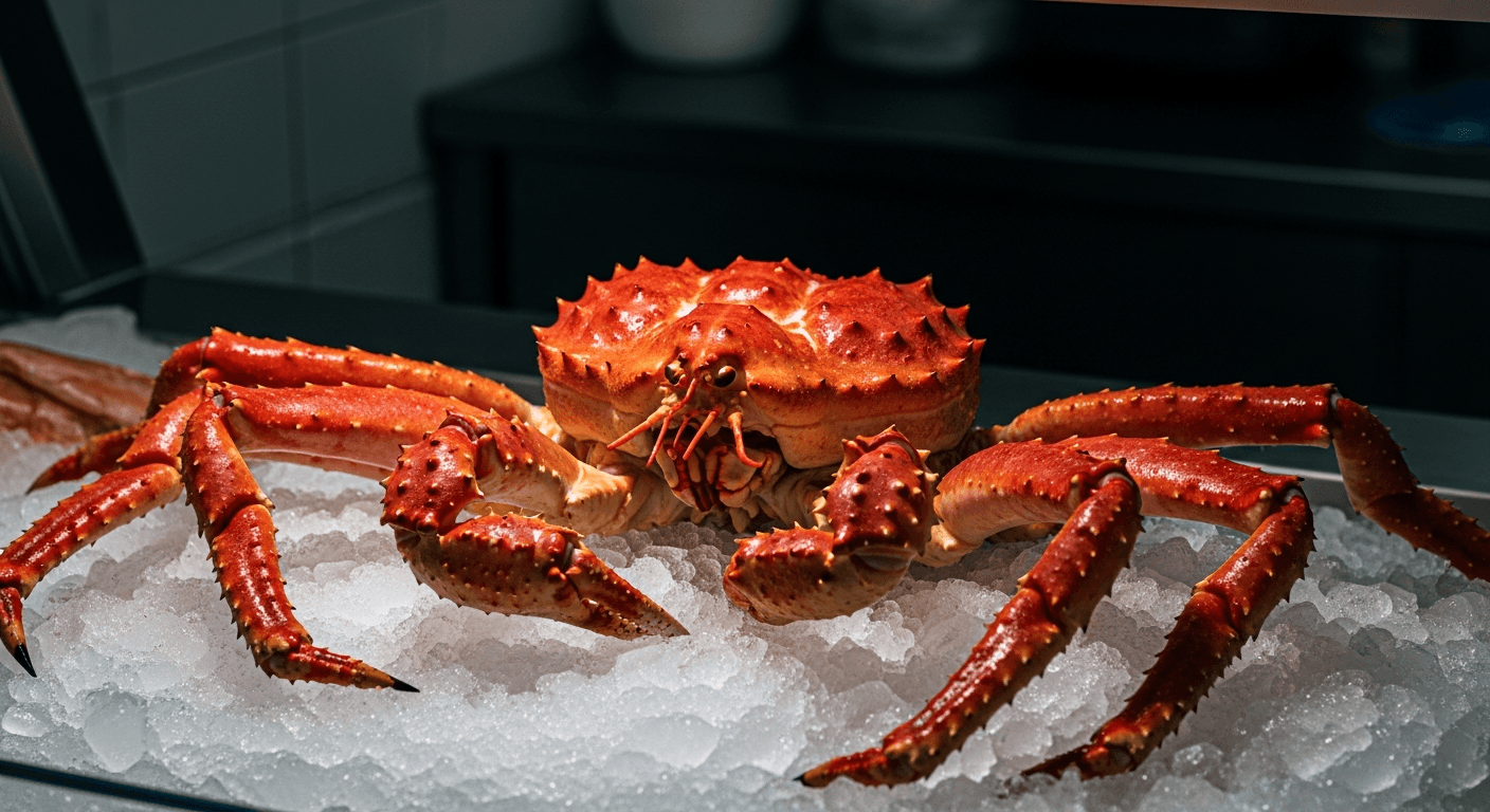 Fersk kongekrabbe med lange klør på isbelegg i fiskedisk