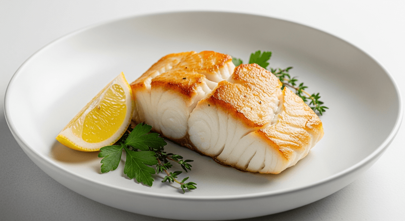 Stekt kveitefilet med gyllen skorpe på hvit tallerken med urter og sitron