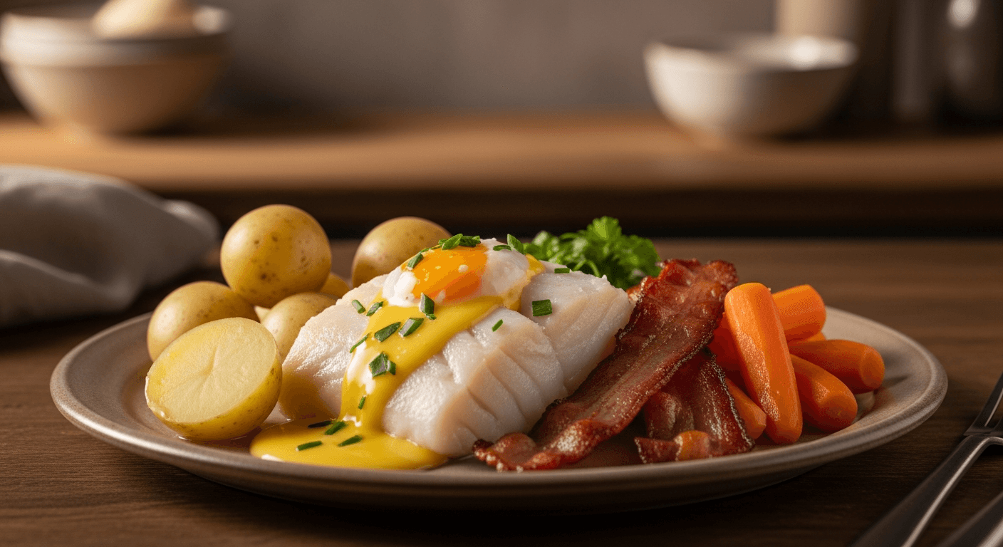 Lettsaltet torsk servert med kokte poteter, egg-og-smørsaus og bacon