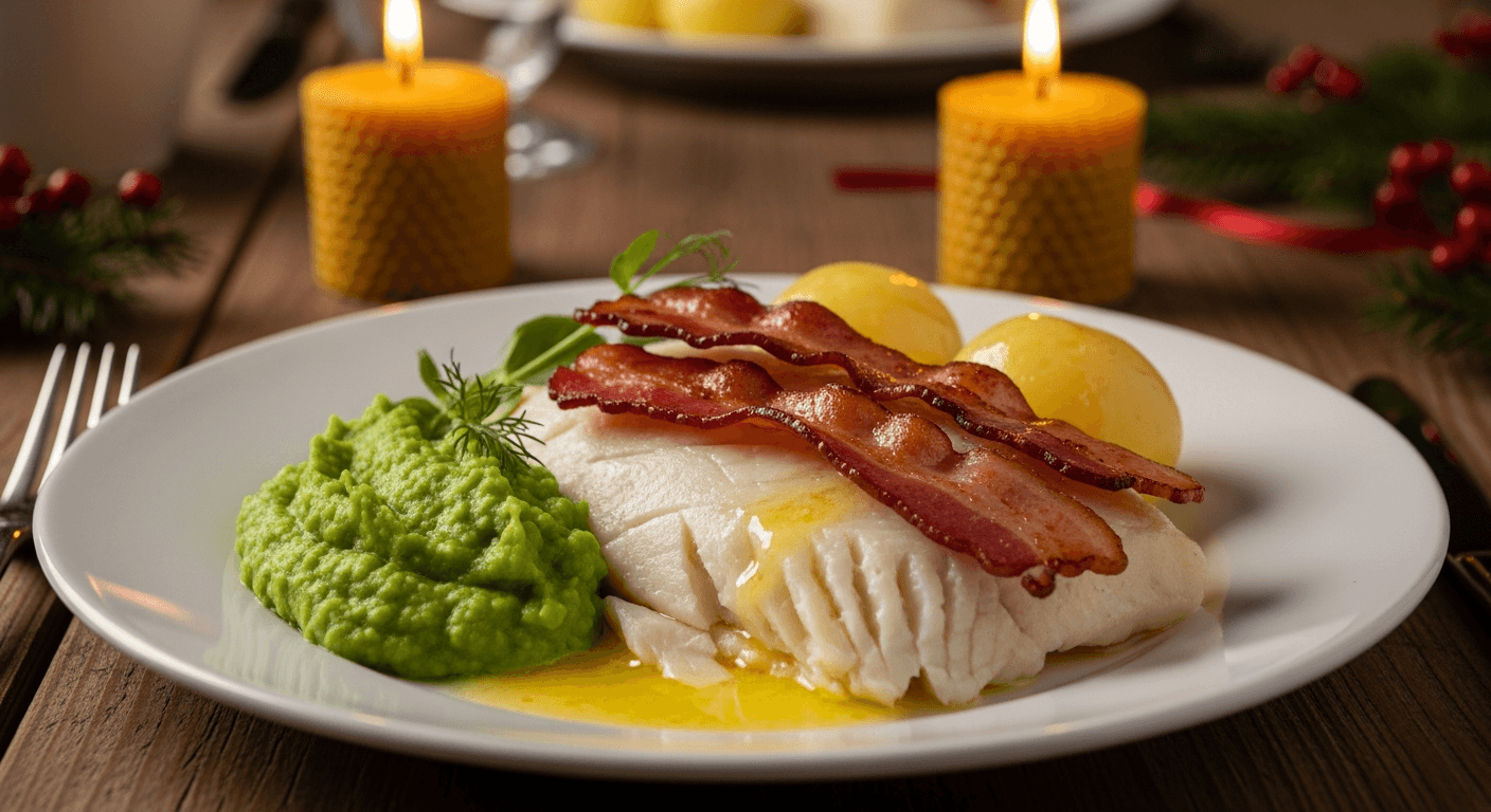 Tradisjonell lutefisk servert med ertestuing, bacon og kokte poteter på hvit tallerken