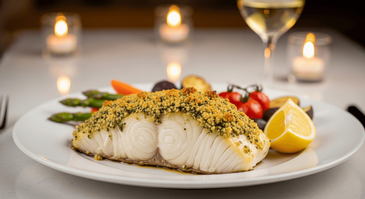 Ovnsbakt kveite med urteskorpe og sitron på hvit tallerken