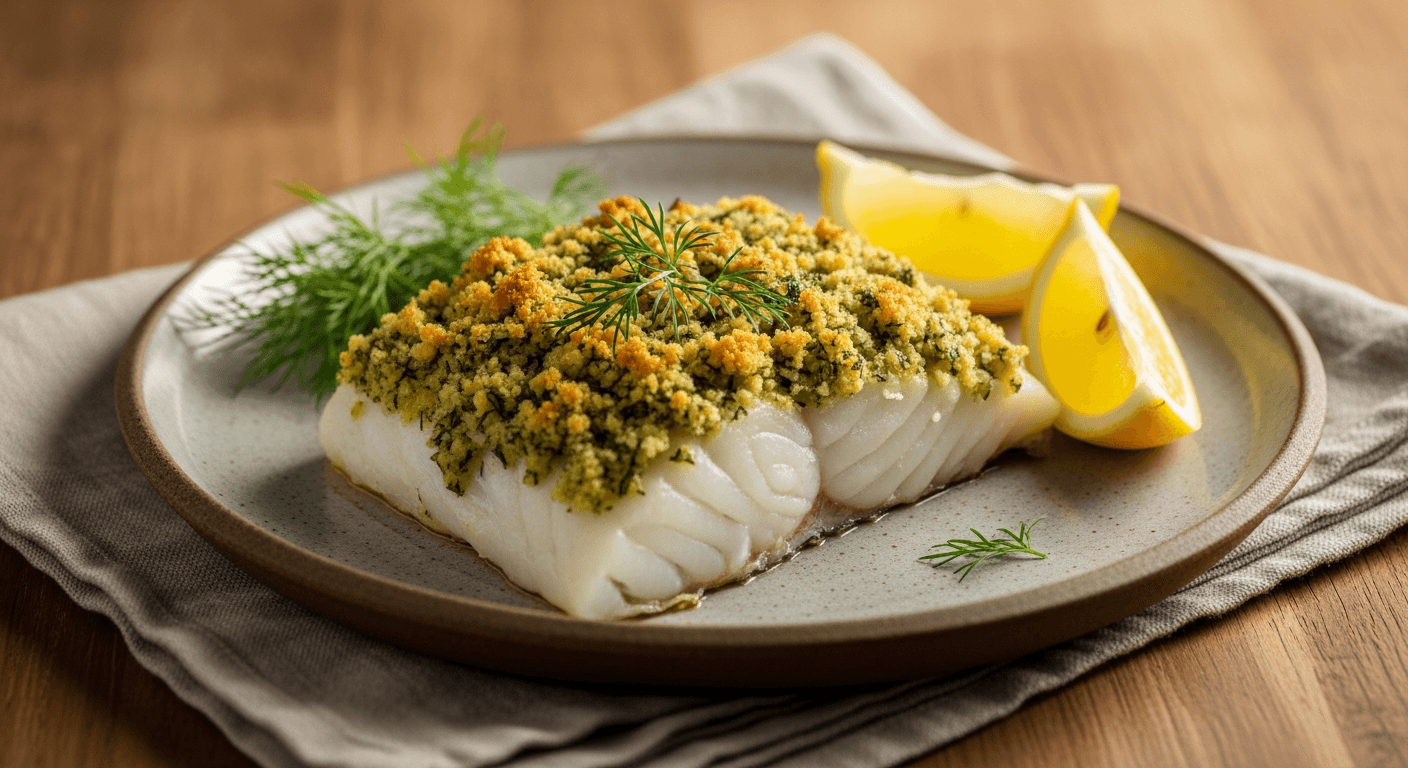 Saftig ovnsbakt torskefilet servert med sitronskiver, friske urter og ovnsbakte groennsaker på hvit tallerken