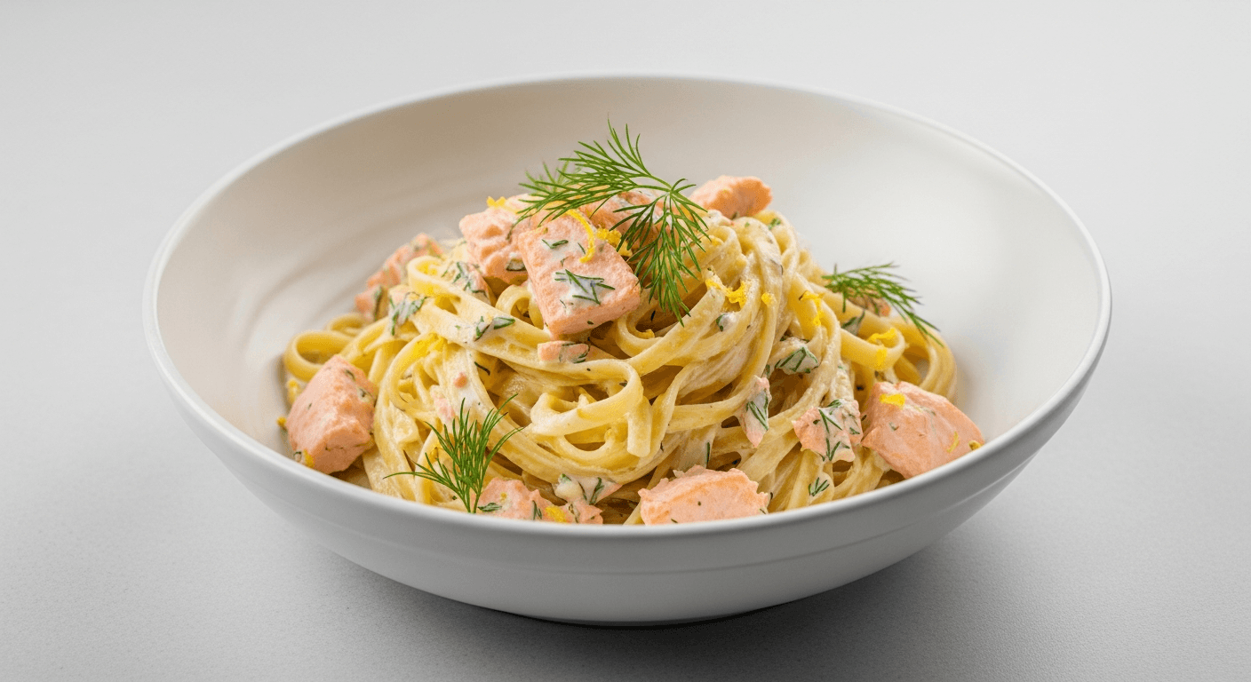 Kremet pasta med røkt laks, dill og sitronzest i dyp tallerken