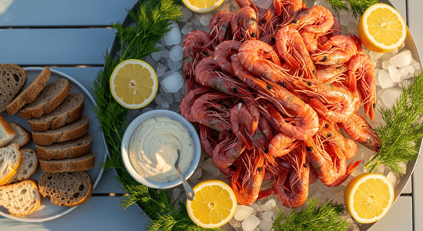 Ferske kokte reker servert på knust is med sitron og aioli