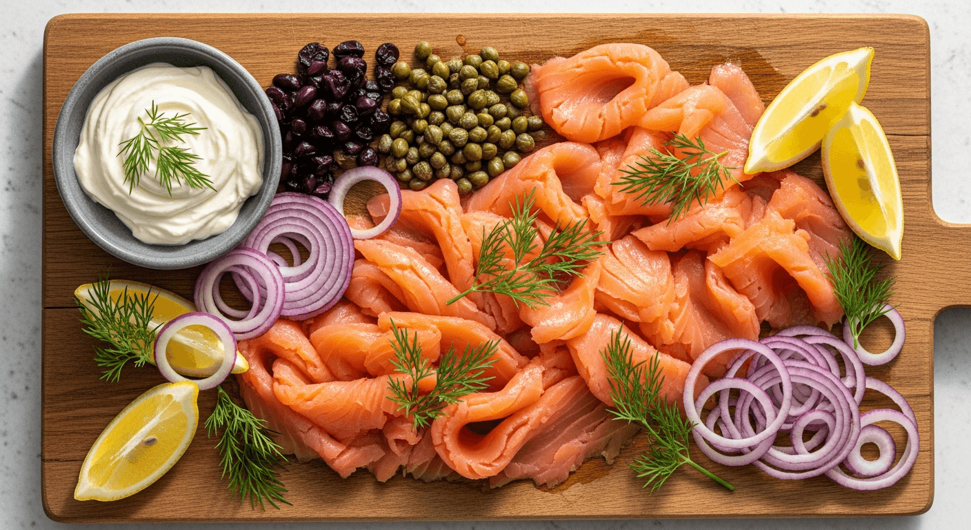 Oppskåret røkt laks på trefjøl med kremost, kapers og dill