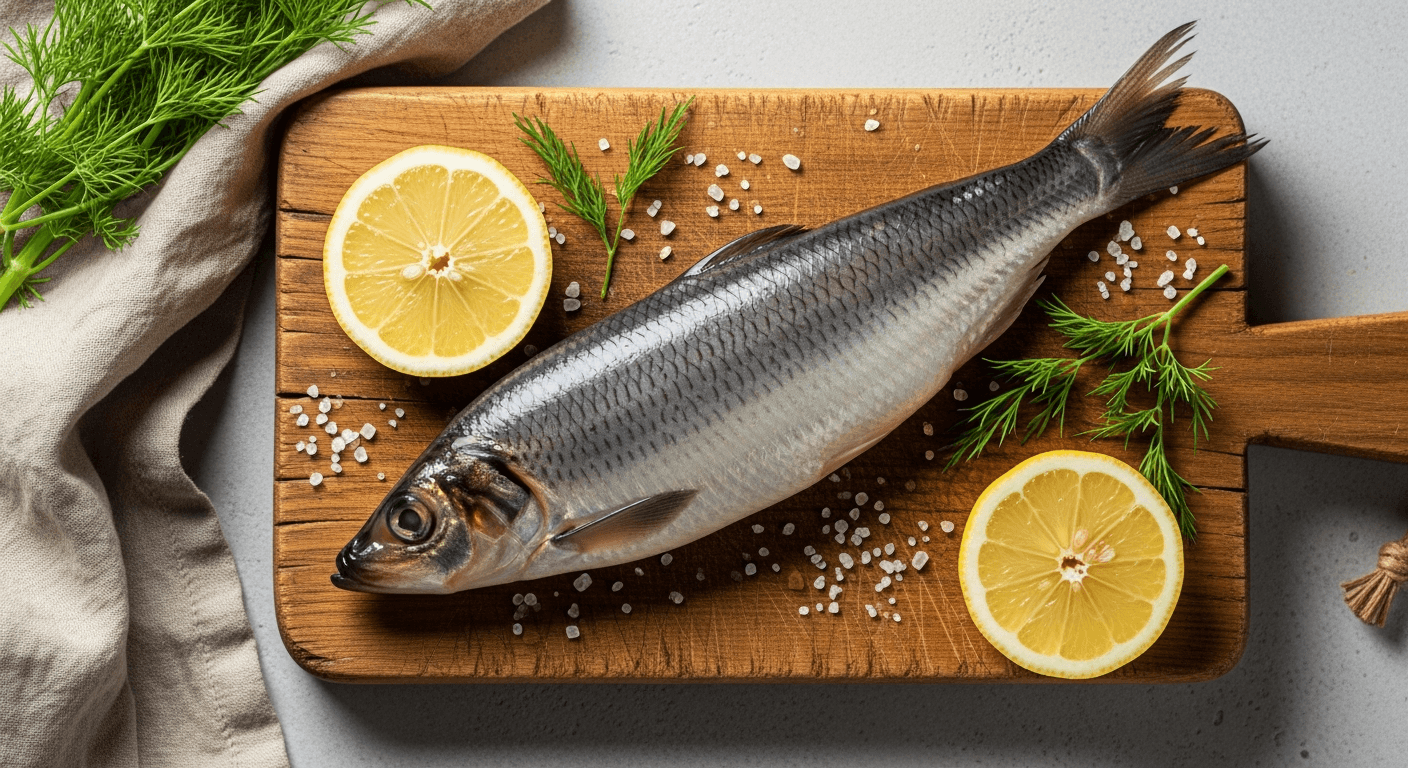 Fersk sild på et trebrett med sitron, dill og grovt salt