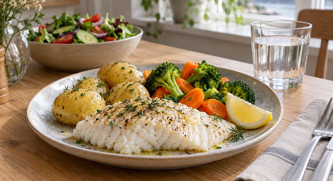 Ovnsbakt kveitefilet med dill og sitron, kokte poteter og kongekrabbeklør på et kjøkkenbord i dagslys
