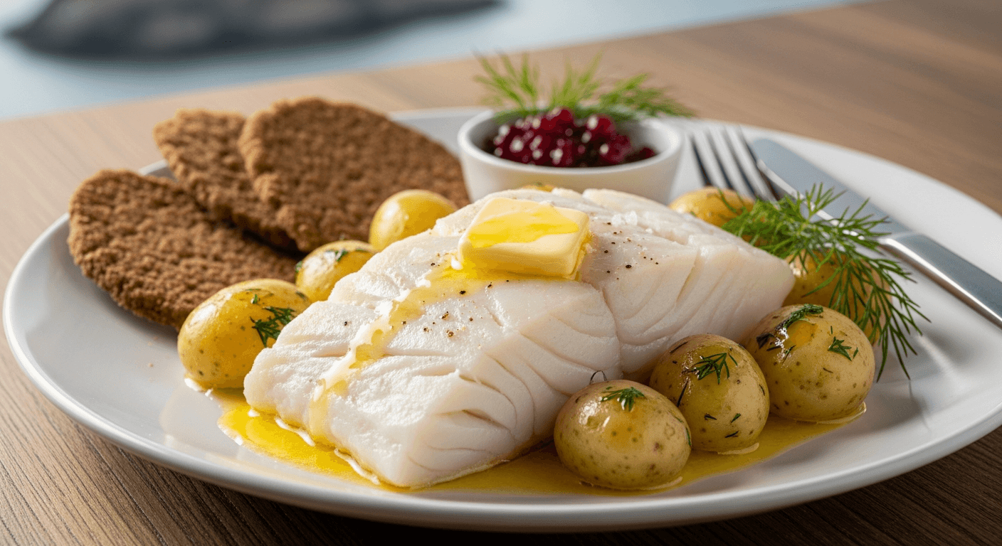 Dampende skreirett med rogn, lever og kokte poteter servert på hvitt fat med smeltet smør