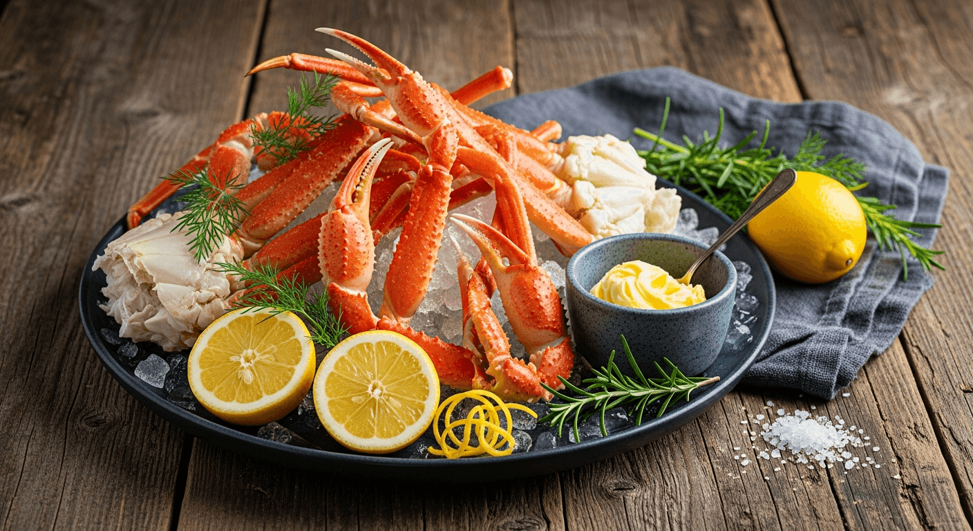 Snøkrabbeben på fat med smeltet smør og sitron