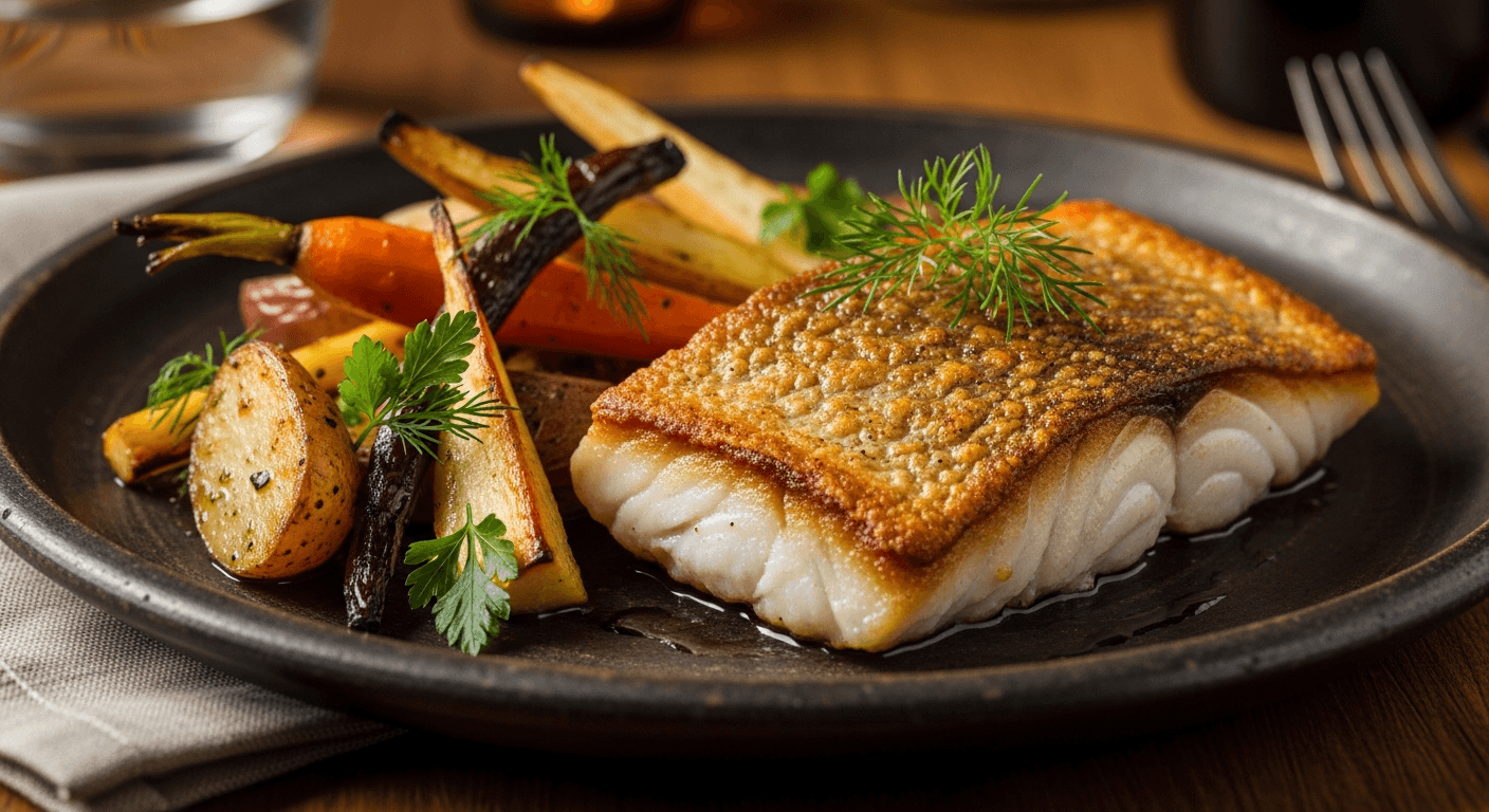 Panstekt steinbitfilet med gyllen skorpe og grønnsaker