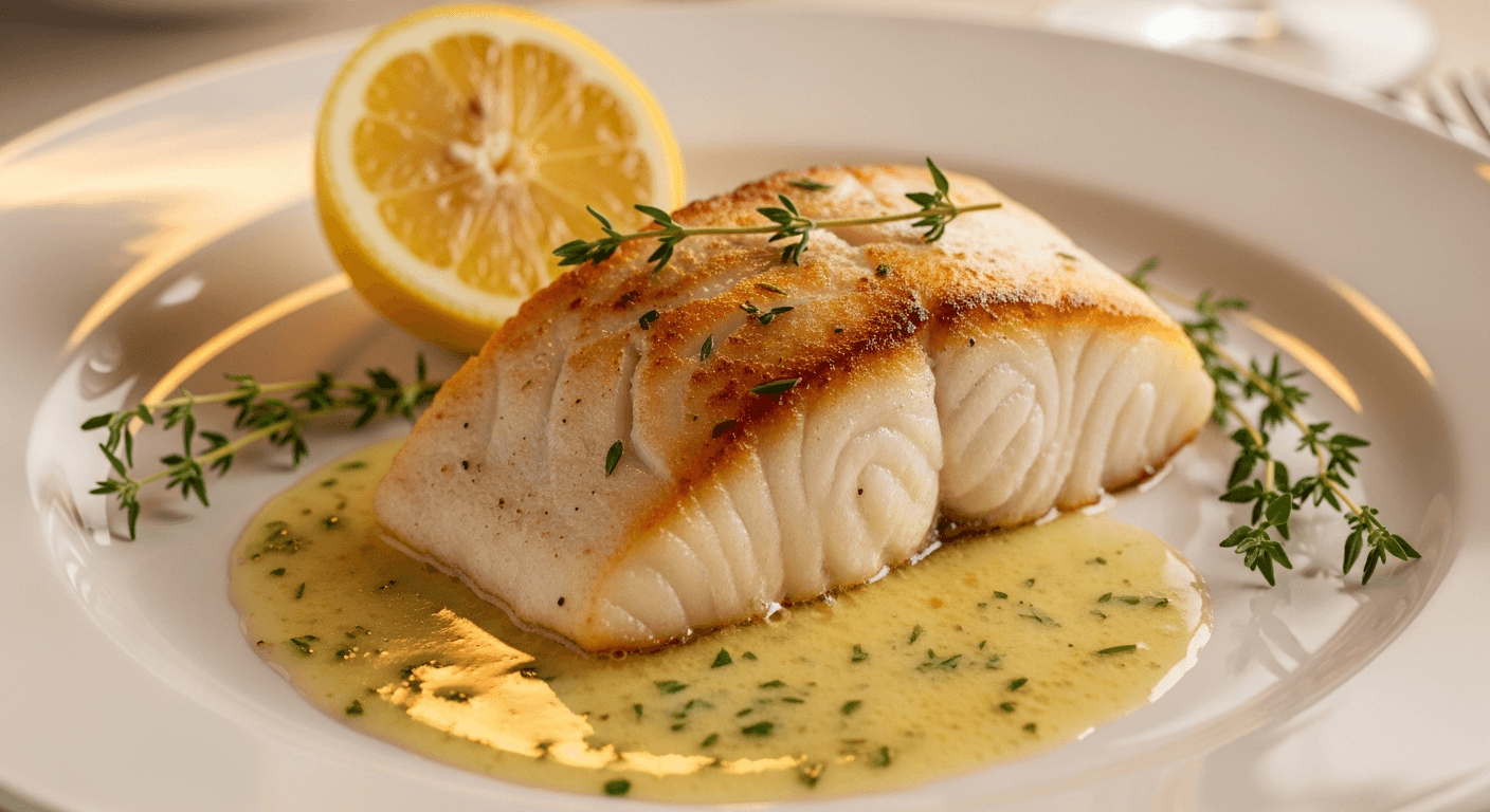 Gyllent panstekt kveitefilet med smørsaus, urter og sitron på hvit tallerken