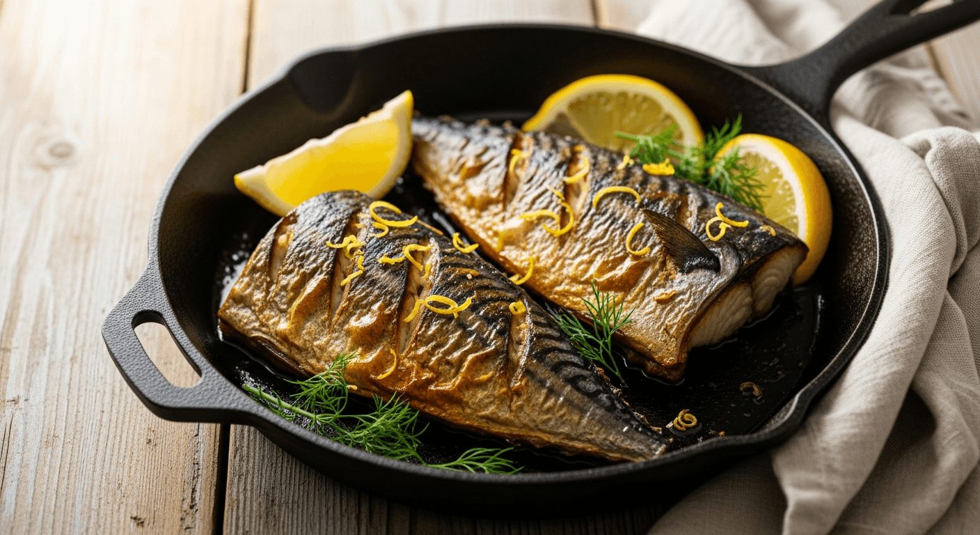 Sprøstekt makrellfilet i støpejernspanne med gyllen skorpe, sitronbåter og friske urter på siden