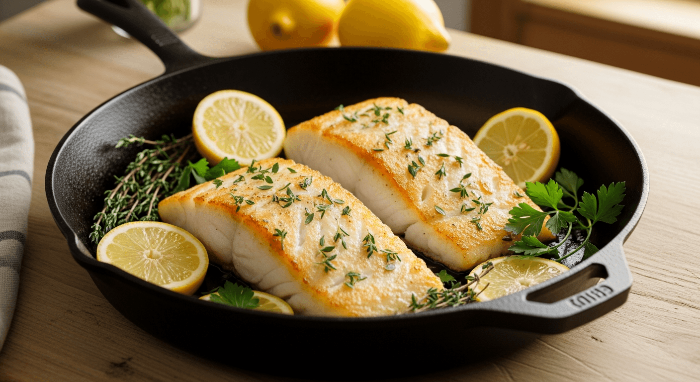 Saftige torskefileter med gyllen skorpe i stekepanne med sitron og urter