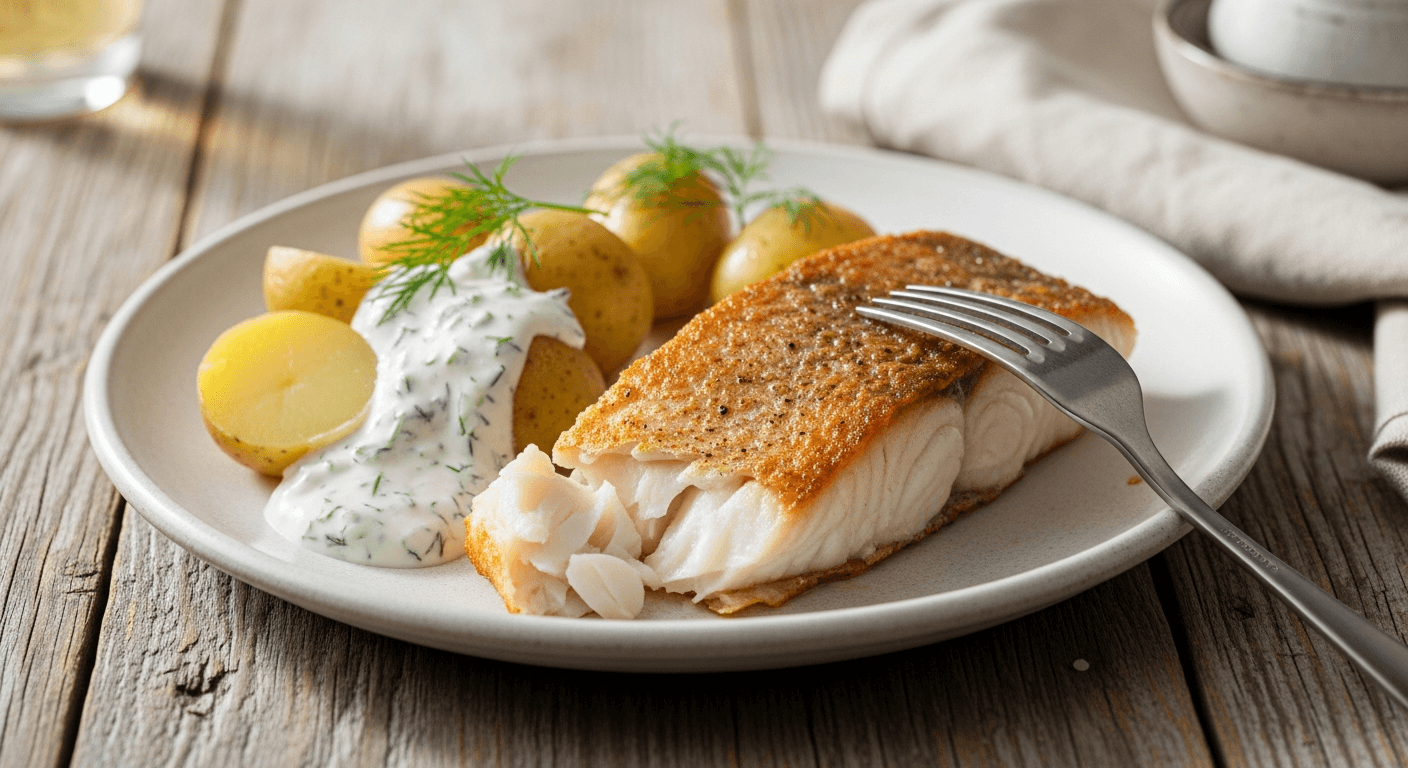 Stekt uer med sprøtt skinn på en tallerken med kokte poteter